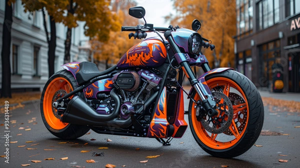 Fototapeta modern motorcycle decorated with Halloween attributes. pumpkins, jack-o-lanterns, bats. horizontal banner