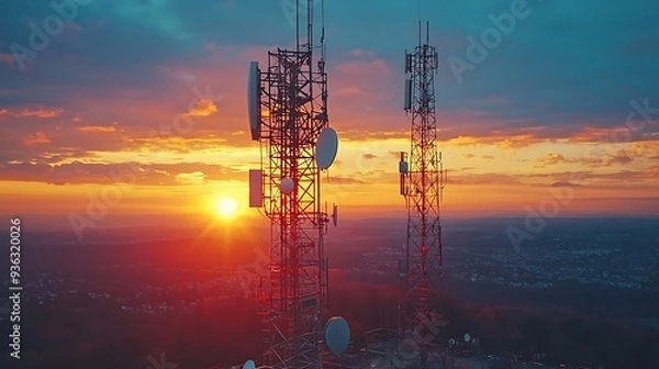 Fototapeta Telecommunication towers at sunset with a city skyline, blending urban development with the critical technology that supports modern life.