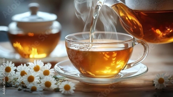 Fototapeta Chamomile tea being poured into a cup with steam rising, Chamomile tea, warm and inviting