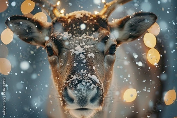 Fototapeta Christmas card with a snowy scene of a reindeer standing beside a decorated Christmas tree in a winter forest