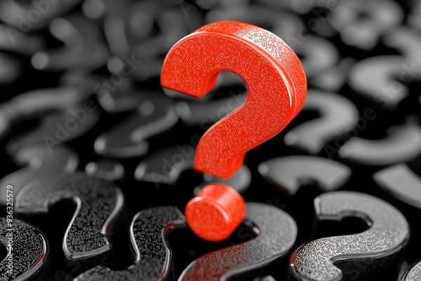Fototapeta Red question mark among many black ones. Solving questions or puzzlement