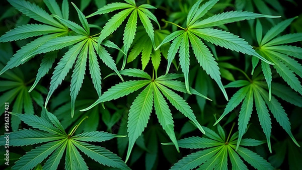 Fototapeta Lush green cannabis leaves fill the frame, creating a vibrant and textured background. Perfect for illustrating articles on marijuana legalization, medical cannabis, or CBD products.