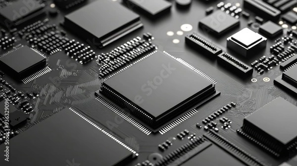 Fototapeta Closeup of a Black Motherboard with a Large Processor Chip A Perspective on Technological Advancement and Complexity