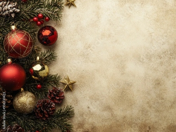 Fototapeta Festive Christmas Border Red and Gold Ornaments with Pine Branches on a Rustic Beige Background