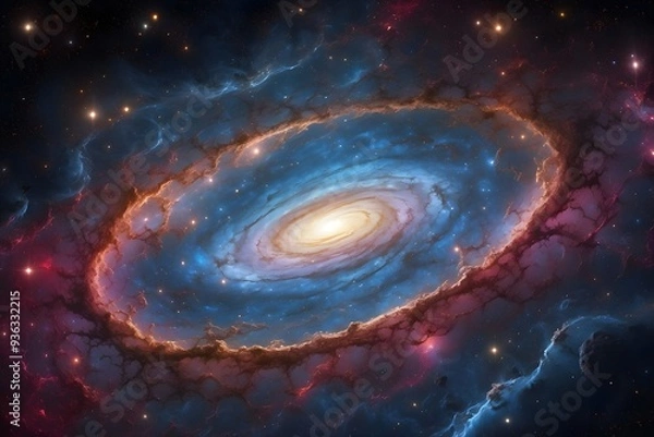 Obraz Cosmic background,dust and stars illuminating a black hole in deep space selective focus mystical allure dynamic double exposure galaxy.