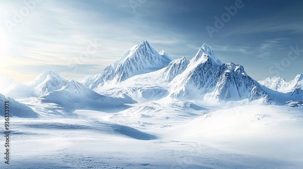 Fototapeta Snowy landscape with a mountain range covered in snow and ice