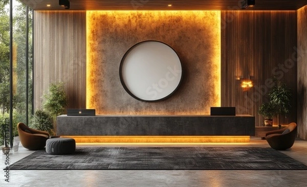 Fototapeta Modern Hotel Lobby with a Minimalist Design and Warm Lighting