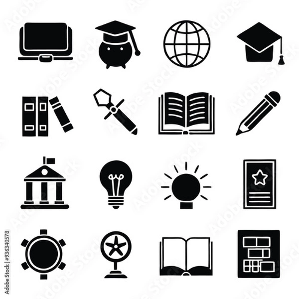 Fototapeta Academic and Education Icons Vector Collection: Books, Graduation Cap, Globe, Light Bulb, Pencil, Diploma, Open Book, School Building - Essential for Educational Design Projects