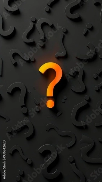 Fototapeta A solitary orange question mark emerges boldly from a textured black backdrop, surrounded by subtle patterns, evoking feelings of mystery and prompting thoughtful reflection