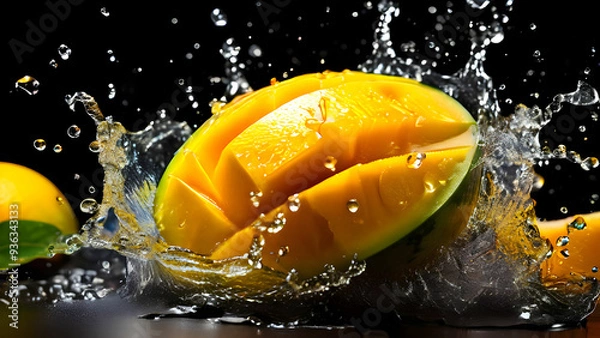 Fototapeta Closeup of Ripe mango in water splash 