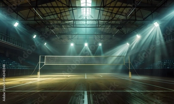 Fototapeta Dramatic Indoor Volleyball Stadium with Illuminating Lights and Court