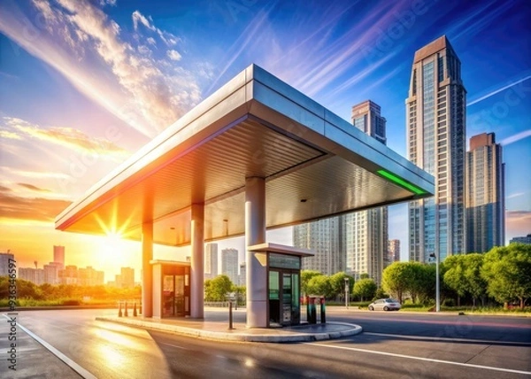 Fototapeta A sleek, modern gas station building stands proudly on a bustling city street, its sleek architecture and vibrant colors illuminated by the warm afternoon sunlight.