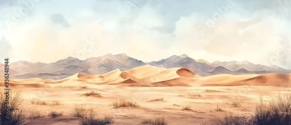 Obraz Expansive Watercolor Desert Panorama with Towering Sand Dunes and Muted Earthy Tones