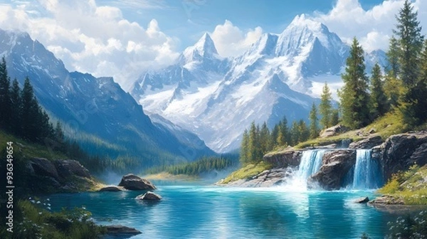 Fototapeta Towering Snow Capped Peaks Overlook Cascading Turquoise Waterfall in Serene Alpine Wilderness Landscape