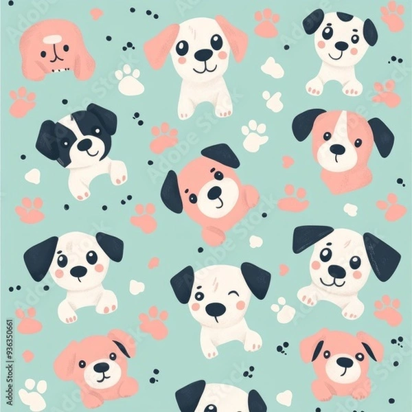 Fototapeta Charming Pastel Dog Pattern, a delightful design featuring playful dogs, colorful paws, and whimsical bones, perfect for textiles, wallpapers, and cheerful decor.