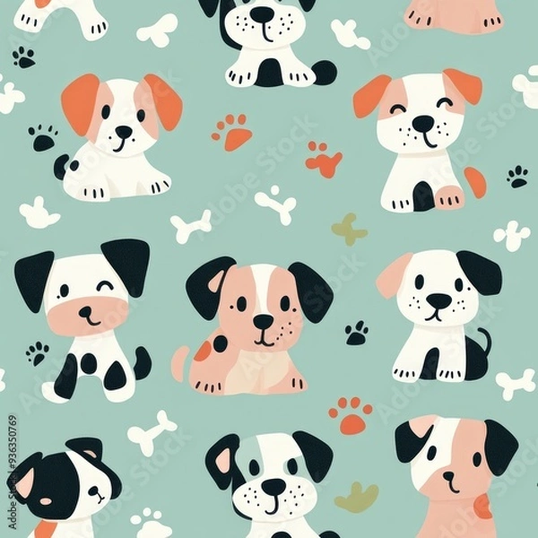 Fototapeta Adorable Pastel Dogs Pattern, a charming design featuring playful dogs, delicate paws, and whimsical bones, all in soft pastel shades for a delightful visual appeal.