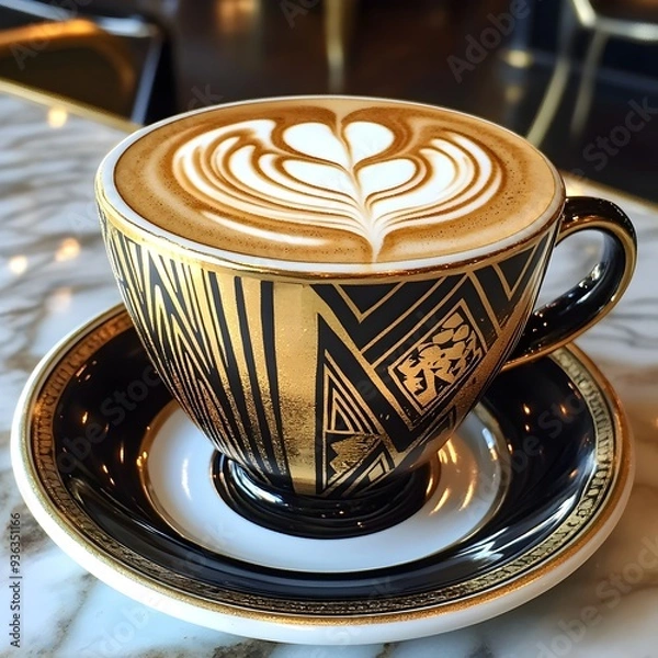 Obraz Exquisite Art Deco Latte with Captivating Geometric Patterns and Metallic Accents