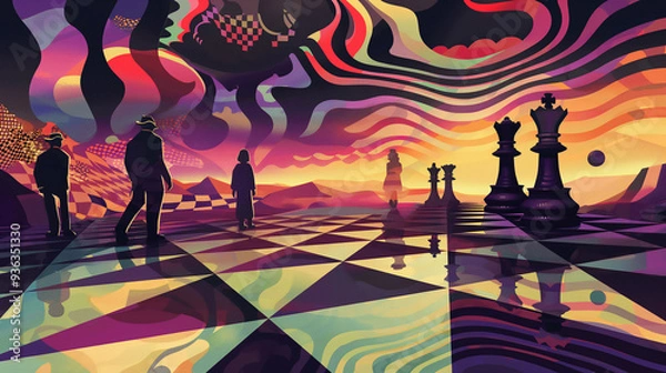 Fototapeta An abstract illustration depicts chess players standing on the board, casting shadows in their silhouettes.