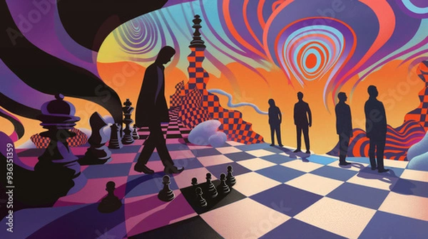 Fototapeta A psychedelic illustration depicts chess players standing on the board, casting shadows in their silhouettes.