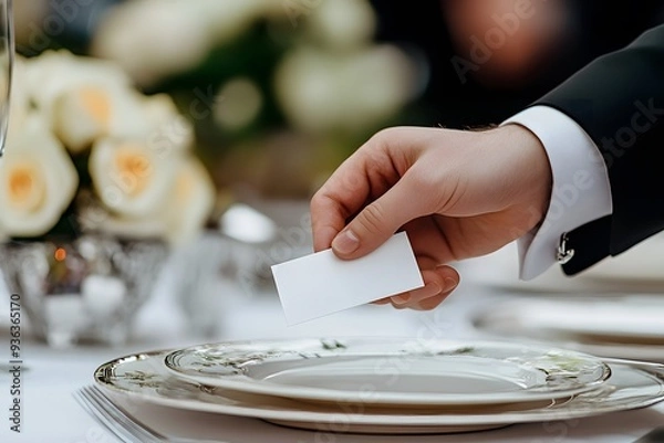 Fototapeta a hand placing a name card on a beautifully set table at a formal event