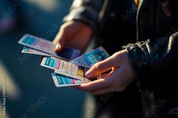 Fototapeta  hands holding tickets for a music festival, with the entrance gate visible in the background 