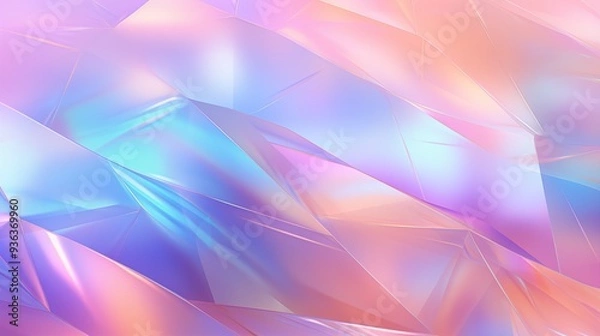 Fototapeta A colorful abstract holographic background featuring smooth, reflective surfaces with a blend of pastel hues including pink, blue, and lavender. 