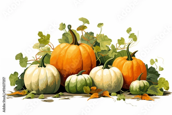 Obraz A colourful illustration of pumpkins and fallen leaves on a white background 