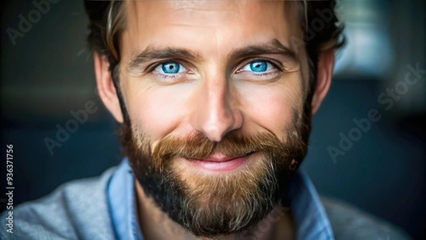 Fototapeta Bearded man in his thirties with bright blue eyes and a warm genuine smile, looking directly at the camera with confidence and friendliness.