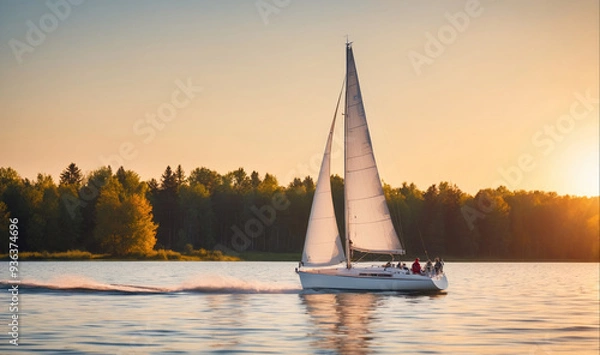Obraz A sailboat glides across a lake at sunset, with a line of trees in the background