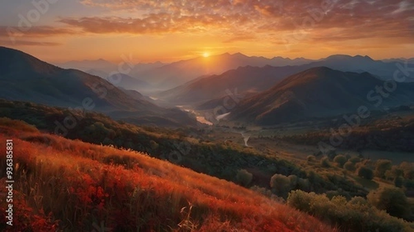 Fototapeta A painting of the early morning at dawn, the sun behind the mountains, the sun's light shines with red-orange colors creating an unforgettable landscape scene	