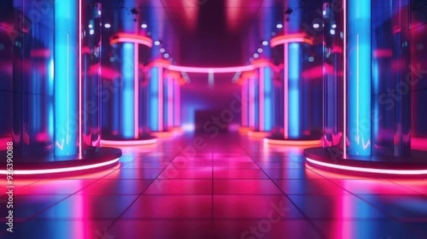 Fototapeta A vibrant corridor illuminated with neon lights, creating a futuristic and energetic atmosphere. Perfect for modern design themes.