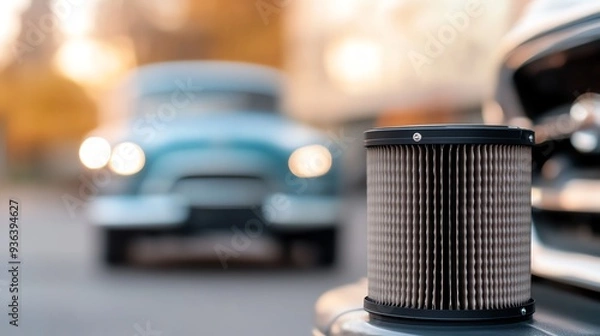 Obraz A close-up of an air filter with a classic car blurred in the background, highlighting automotive details and craftsmanship.