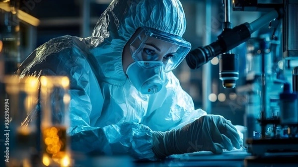 Obraz Nuclear Scientist in Protective Suit Handling Radioactive Material in High-Tech Laboratory