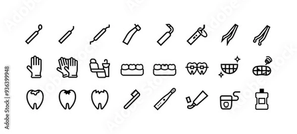 Obraz 歯医者で使われる器具のベクターアイコンセット