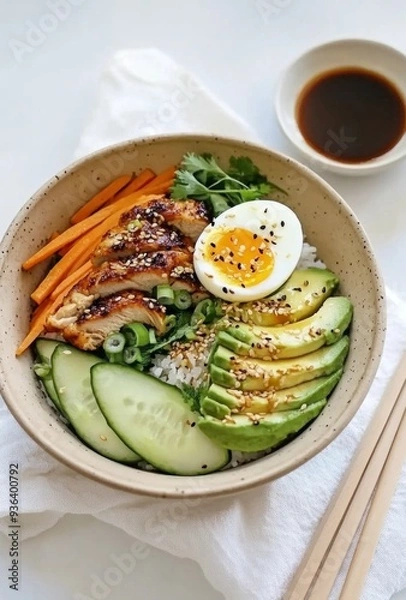 Obraz Elegant Korean bowl with avocado, cucumber, carrot slices, chicken, half-boiled egg, soy sauce, chopsticks, arranged simply on a beige dish with a white napkin.