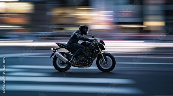Obraz A motorcyclist rides swiftly through a city street, capturing the essence of speed and urban life.