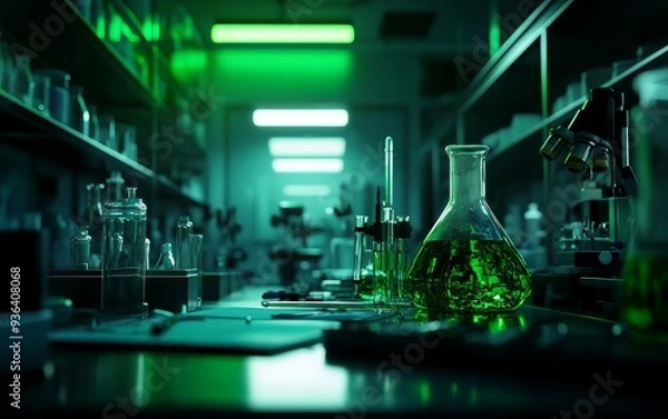 Fototapeta A modern laboratory setting with green lighting highlighting beakers and flasks on a lab bench, creating an atmosphere of innovation.