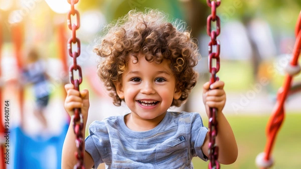 Fototapeta A young boy with curly hair smiling happily while swinging at a playground on a bright, sunny day.