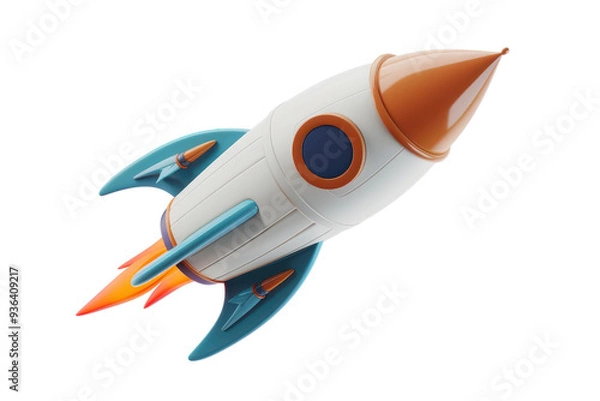Obraz A 3D rendered illustration of a toy rocket featuring a white body, orange tip, and blue fins in a playful and cartoonish design, isolated on a transparent background. PNG File,