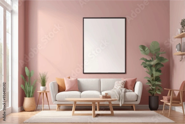 Fototapeta Mock up poster frame in Scandinavian style interior with wooden furnitures. Minimalist interior design. 3D illustration.