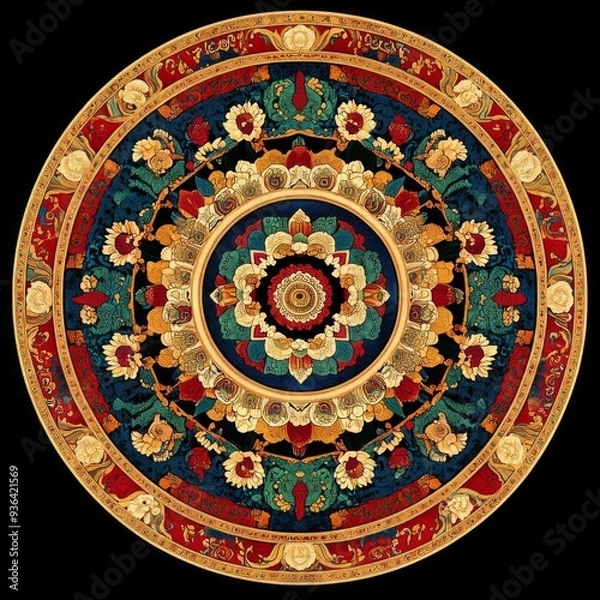 Fototapeta Vibrant Tibetan Mandala Art, circular design with intricate patterns, featuring lotus flowers and geometric shapes in rich colors of red, blue, green, and gold.
