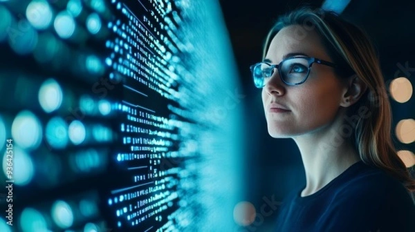 Fototapeta Woman in tech, illuminated by blue data light, focused on advanced cybersecurity systems, Generative AI