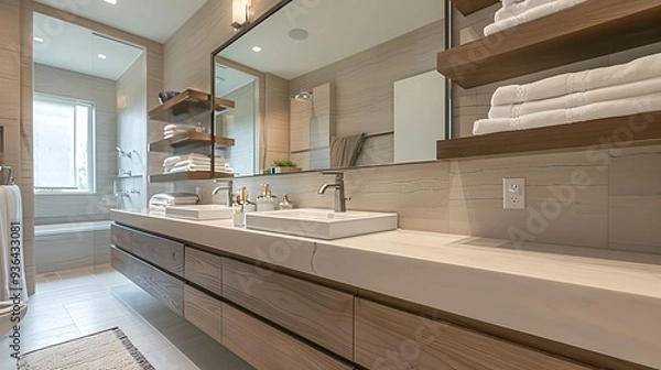 Fototapeta Washroom with frameless mirrors and floating shelves