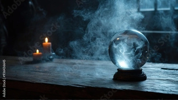 Fototapeta A crystal ball sits on a wooden table with smoke rising from it, lit by two candles in the background.