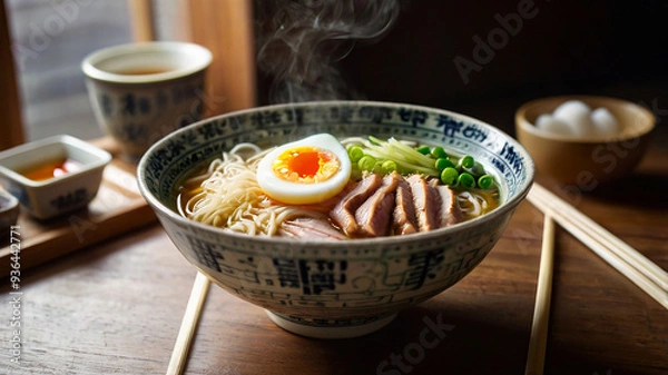 Fototapeta A Steaming Bowl Of Ramen With Rich Broth, Noodles, Sliced Pork, Soft-boiled Egg, And Green Onions, Food Image