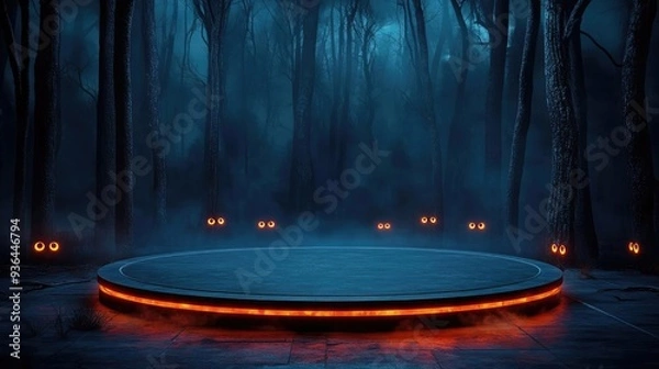 Fototapeta A wide, empty podium in the center of a haunted graveyard, with skulls and eerie green mist, Podium stage, mysterious and atmospheric display
