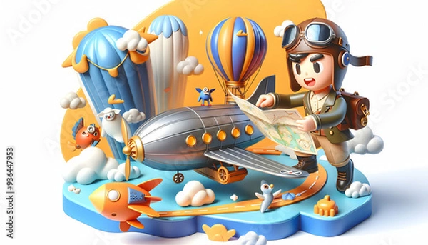 Fototapeta 3D Floating Gear and Arrow with Direction Concept Vector Design: Business Scale Strategy Icon on White Background