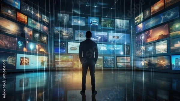 Fototapeta Back view a man stands in front of multiple screens displaying various social media platforms, Animated Stream Of Content. Visualization Of Browsing Metaverse Big Data, and Internet Communities.