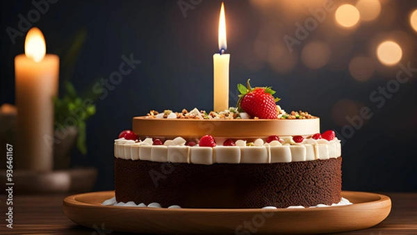 Fototapeta Closeup of chocolate cake with strawberry and cream
