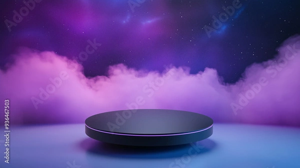 Fototapeta Mockup deep purple podium for product presentation with enchanting galaxy nebulae and stars background 